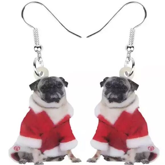 Christmas Pug Earrings Santa Acrylic Lightweight Holiday Dog - Picture 1 of 5